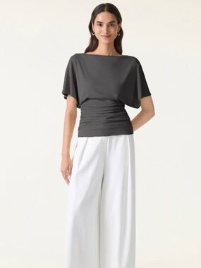 NWT Sandwashed Boatneck Batwing Sleeve Side Rouched Top -Shadow/Charcoal